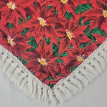 Poinsettia Tablecloth XMAS Holiday Fringe Gold Red Rectangular 56&quot; X 72&quot; Vtg - £17.26 GBP