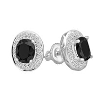 Sterling Silver 2Ct Oval Cut Simulated Black Gemstone Halo Stud Earrings... - $53.74