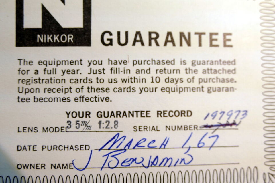 Nikon warranty card 1967 model  35mm f2.8 lens F  Nikkor vintage - $15.86