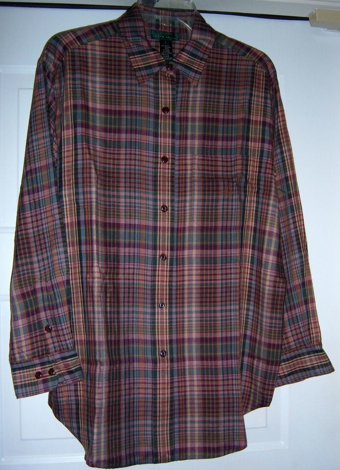 Primary image for RALPH LAUREN LRL Plaid Blouse Shirt Top L/S SCROLL POCKET LOGO Browns Women's  L