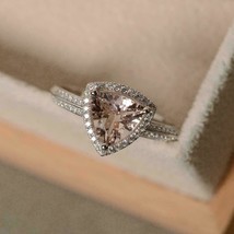2C Trillion Cut Morganite &amp; Diamond Halo Engagement Ring Set 14K white Gold Over - £72.18 GBP
