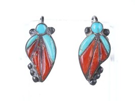 c1940&#39;s Native American Sterling turquoise/coral channel inlay screw back earrin - £193.93 GBP