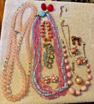Vintage PINK Jewelry Estate Mid Century 10 Pieces - $54.91