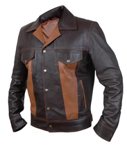 Mens Leather Jacket Brown Vintage Style Double Color Lapel Collar Leathe... - $179.99
