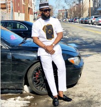 White Men&#39;s Long Sleeve Shirt and Pants African Kaftan African Clothing ... - $116.37 CAD+