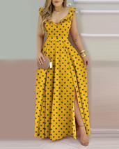 Yellow Ruffles Polka Dot Print Side Slit High Waist Maxi Dress - $57.95