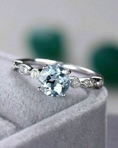 14k White Gold Plated 2.5Ct Round Simulated Aquamarine Engagement Solitaire Ring - £66.26 GBP