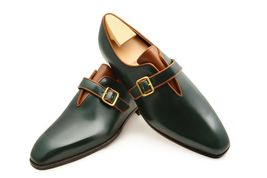 Handmade Green Color Leather Monk Single Buckle Strap Plain Toe Shoes for Men - £100.61 GBP+
