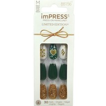 NEW Kiss Nails Impress Press Manicure Medium Coffin Green Gold White Christmas - £13.49 GBP