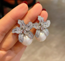 Full diamond new lily pearl earrings feminine texture pearl flower tempe... - $19.90