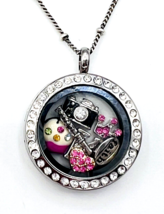 Silver Tone Origami Owl Hinged Crystal Living Locket Necklace 7 Charms - $47.52