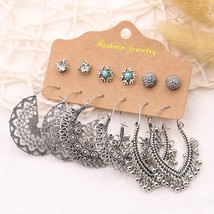 6 Pairs/Set Bohemia Earrings For Women Antique Silver Color Snowflake Clear Rhin - £17.23 GBP