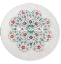 9&quot; White Marble Round Dish Plate Rare Multi Stone Art Marquetry Inlay De... - £207.31 GBP