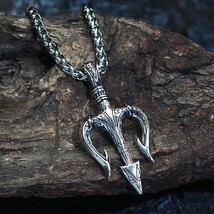 Mens Silver Poseidon Trident Pendant Necklace Punk Rock Bier Jewelry Chain 24&quot; - £10.25 GBP