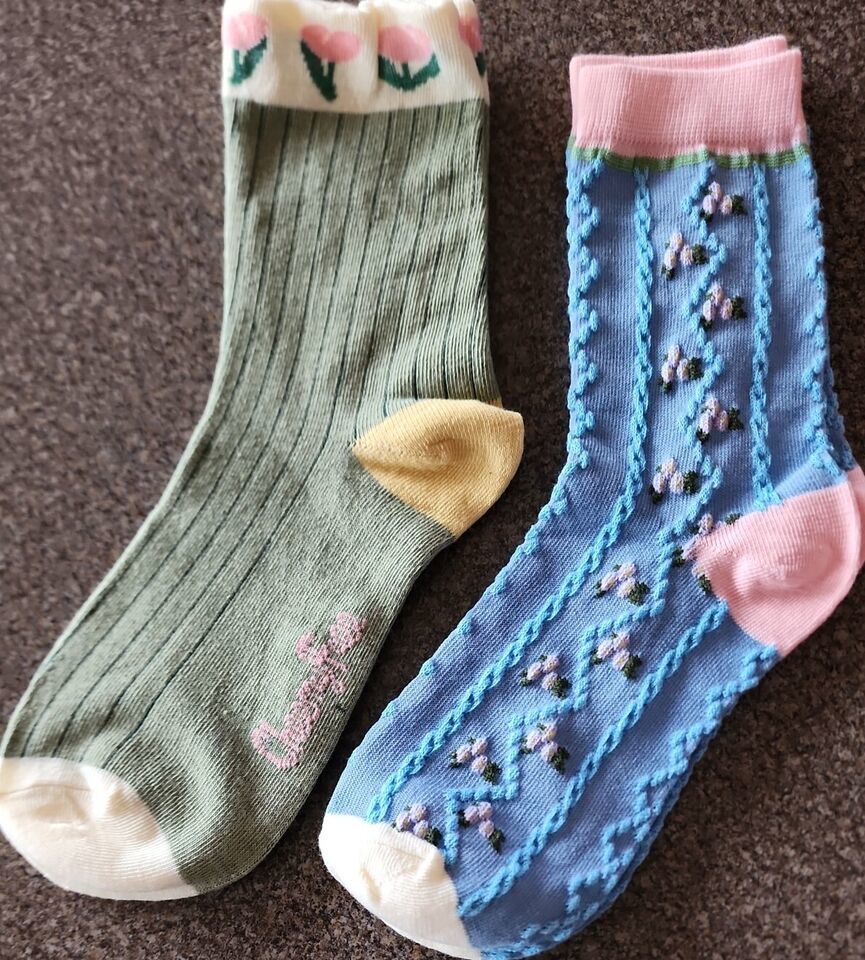 Two (2) Pair ~ Textured ~ Flower Design ~ Knit ~ Blue ~ Green ~ Ankle/Cr... - $14.96