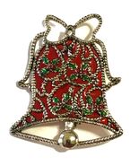Vintage Silver Tone Red Christmas Bell Bow Brooch Pin 2 5/8” X 2 1/8&quot; Je... - $10.94