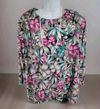 MCS Ltd Top Floral Long Sleeve Blouse Size 24.5 Pearls Made in USA NEW V... - $29.65