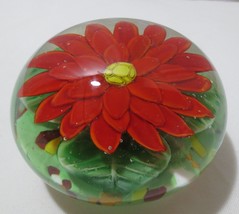 Vtg  Art Glass Paperweight large red flower with yellow cane center - £39.05 GBP