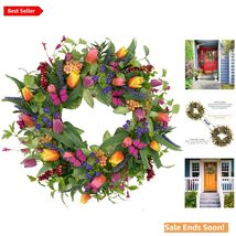 22 Inch Spring Summer Tulip Wreath for Front Door with Purple Tassels an... - $53.41