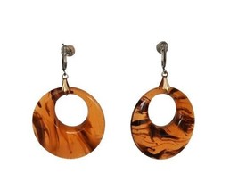 Cute vintage amber tortoise shell lucite hoop clip on earrings - $14.99