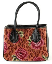 Katha Diddel Floral Needlepoint &amp; Brown Leather Designer Handbag Bag Roses - £75.93 GBP