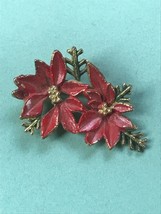 Vintage Designer Signed Two Red Enamel Christmas Poinsettia Flowers w Green Leav - £9.02 GBP