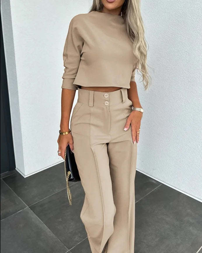 2024 Spring and Autumn High Neck Slim Fit Solid Pocket Micro Horn Pants Set - $35.95