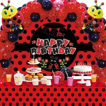 69 Pcs Ladybug Theme Suit Birthday Party Decor Red Black Polka Dots Balloons Gar - £40.59 GBP