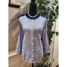 Very J Women Blue &amp; White Cotton Round Neck Cold Shoulder Button Down Shirt L - $25.74