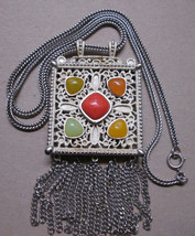 Fringe Tassel Pendant Necklace White Enamel Colorful Stones - $82.85