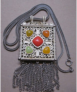 Fringe Tassel Pendant Necklace White Enamel Colorful Stones - £66.63 GBP