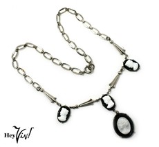 Vintage Pendant Y Necklace - Silver Chain w Black &amp; White Cameos - 16&quot; -... - £22.33 GBP