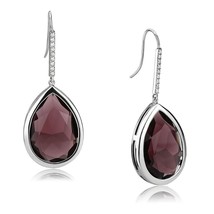 Pear Cut Bezel Set Amethyst Crystal Dangle Drop Stainless Steel Hook Earring - £55.00 GBP