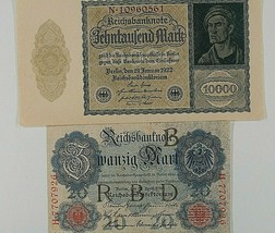 Germany 2-Notes // 1910 German Empire 20 Mark &amp; 1922 Weimar Republic 10000 Mark - £39.78 GBP