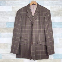 TailorByrd Flannel Windowpane Sport Coat Brown Wool Ticket Pocket Mens Large - £94.29 GBP