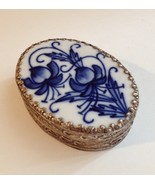 Blue Fruit Floral Vintage Porcelain Trinket Jewelry Box Oval Mirror Silv... - £19.52 GBP