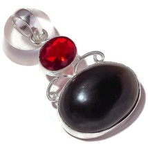 Cabochon Black Agate, Red Apatite Gemstone 925 Silver Overlay Handmade Pendant - £7.99 GBP