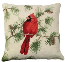 Throw Pillow Needlepoint Cardinal Sitting on Pine Branch Bird 18x18 Beige Wool - £227.41 GBP