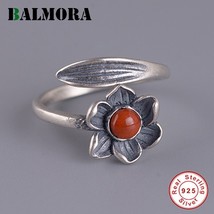 100% Pure 925 Sterling Silver Lotus Flower Ring For Women Red Onyx Carnelian Rin - £20.43 GBP