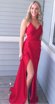 Spaghetti Straps A-line Red Satin Prom Dress Long pleat Women Dresses - $89.90