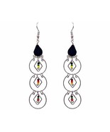 Rasta Teardrop Black Onyx Stone Beaded 3 Silver Round Hoop Long Dangle E... - £6.25 GBP