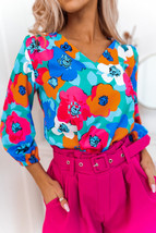 Women&#39;s Multicolor Floral Print V Neck 3/4 Sleeve Blouse - £27.65 GBP