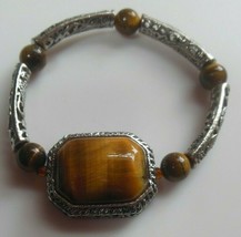 Vintage Tiger Eye &amp; Silver-tone Filigree Stretch Bracelet - £30.59 GBP