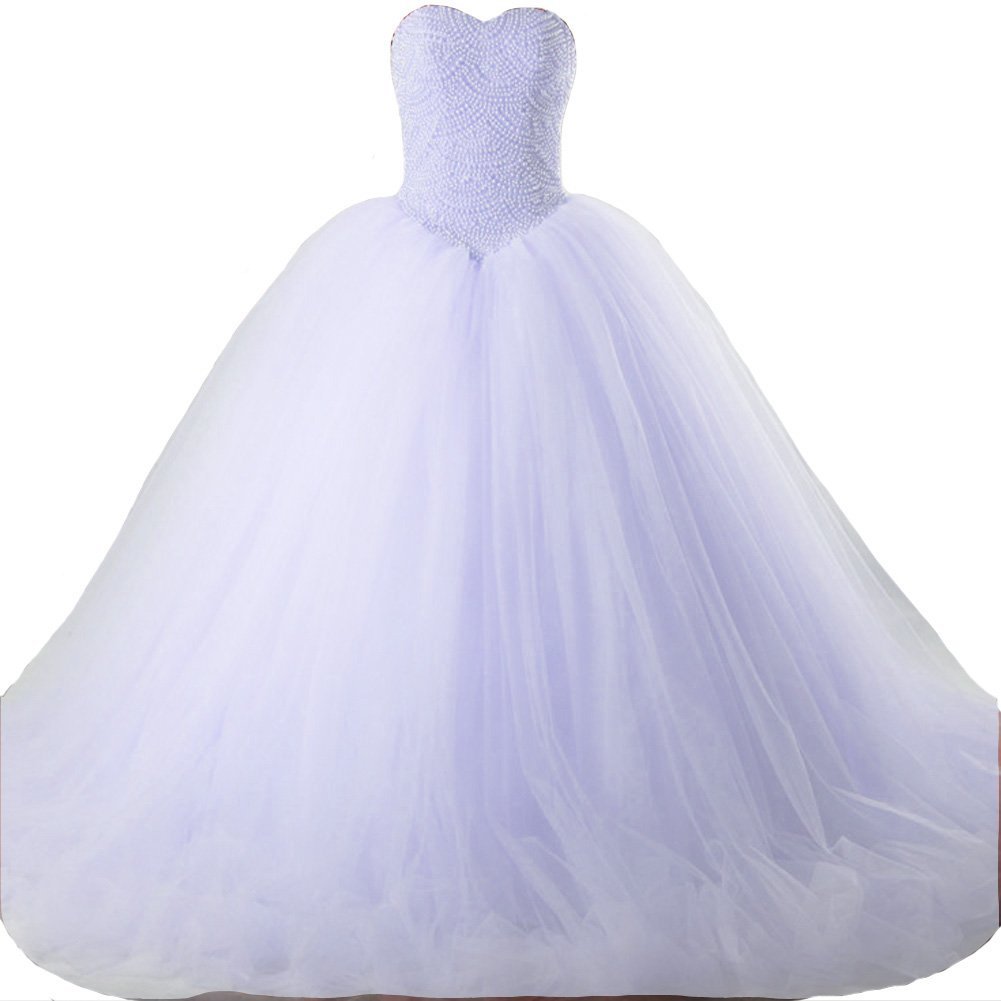 Kivary Sweetheart Pearls Long Ball Gown Tulle Corset Prom Quinceanera Dresses La