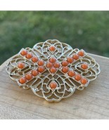 Vintage Gold Tone Brooch Pin Mesh Lucite Stones Coral Peachy Fashion Jew... - $24.75