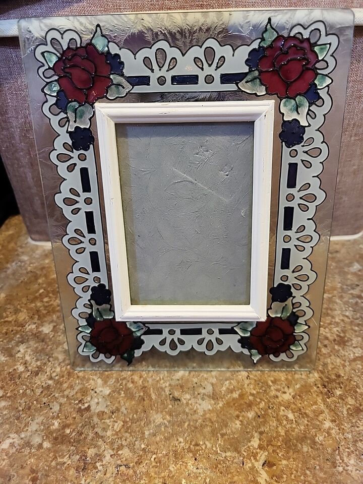 Joan Baker Hand Painted Glass Picture Frame Flowers/Border Stained Glass 4x6 - £8.71 GBP