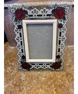 Joan Baker Hand Painted Glass Picture Frame Flowers/Border Stained Glass... - $10.94