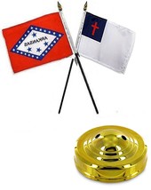 AES State Arkansas &amp; Christian 4&quot;x6&quot; Flag Desk Set Table Stick Gold Base - £5.39 GBP