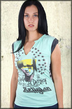Religion Star Lady Search Destroy Punk Rock Women V-Neck T-Shirt Green Grey S M - £41.88 GBP
