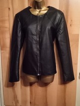 Avon Women&#39;s Large Black Faux Leather Jacket Floral Accent Zip Front - £14.74 GBP